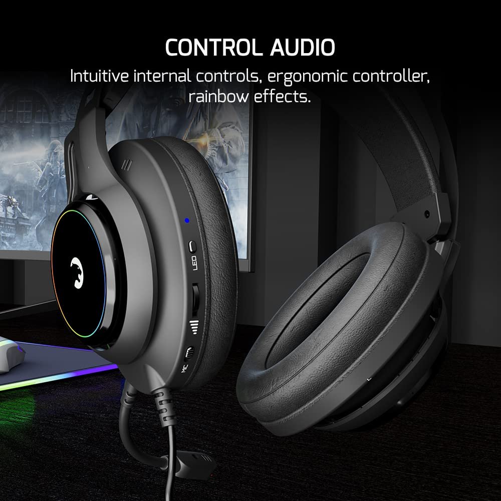 GAMEPOWER Kugon USB Gaming Headset - 7.1 Virtual Surround Sound, Wired Led Headphones with 50MM Drivers, Comfort Design, 360 Spatial Audio, Noise Cancelling Mic for PC, Laptop, Black