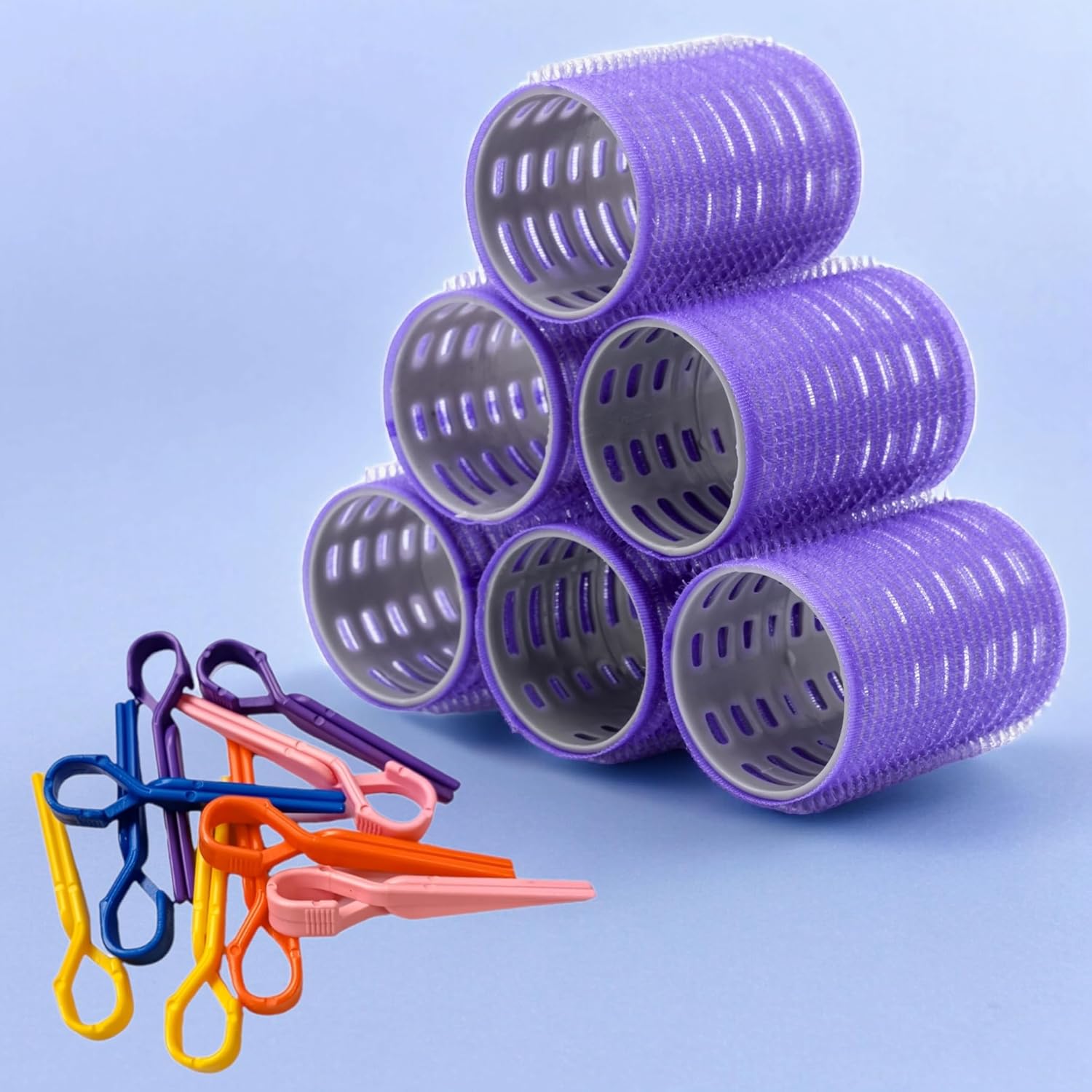 Croc 1215 Büyük Boy Bigudi 6Lı + Saç Pensi 10lu (Cırtlı - Yapışkanlı Bigudi) Mor