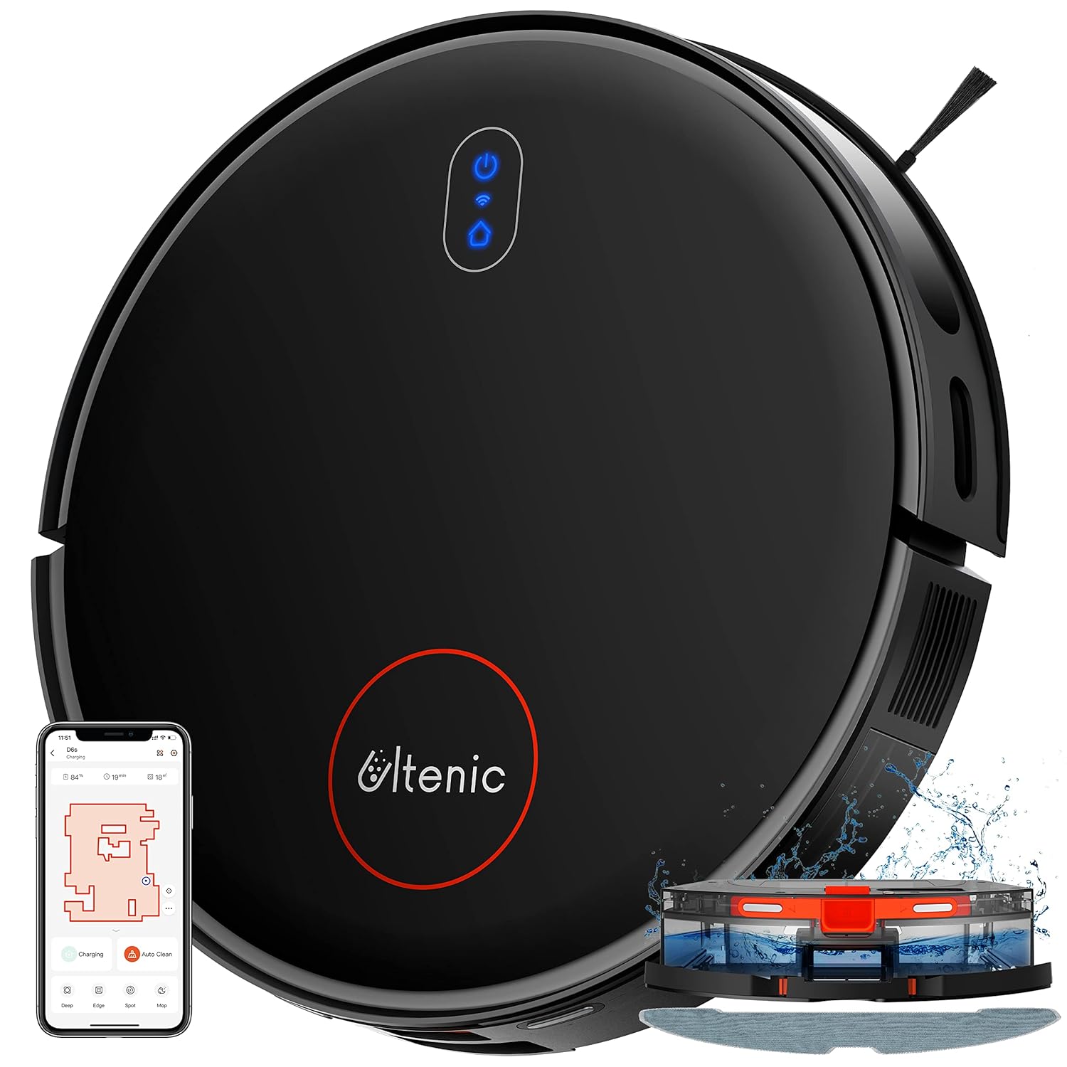 Ultenic D6s Robot Vacuum Cleaner, Vibration Mopping, 3000Pa Strong Suction, Super Slim, APP Control, Ideal for Pet Hair, Hard Floors and Carpets