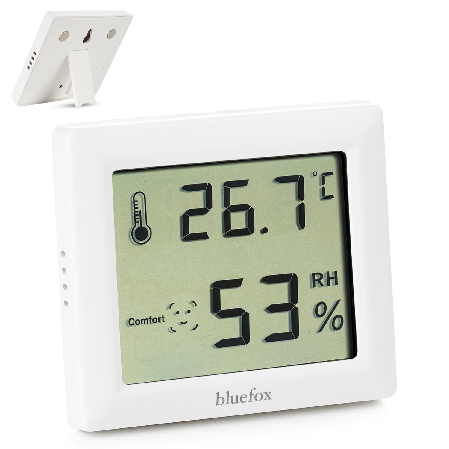 Bluefox Dijital Oda Termometresi ve Nem Ölçer – LCD Ekranlı, Kompakt Higrometre, İç Mekan Sıcaklık ve Nem Takibi, Mıknatıslı & Ayaklı & Duvar Tipi Kullanım – Mutfak, Bebek Odası, Ofis, Sera için Uygun