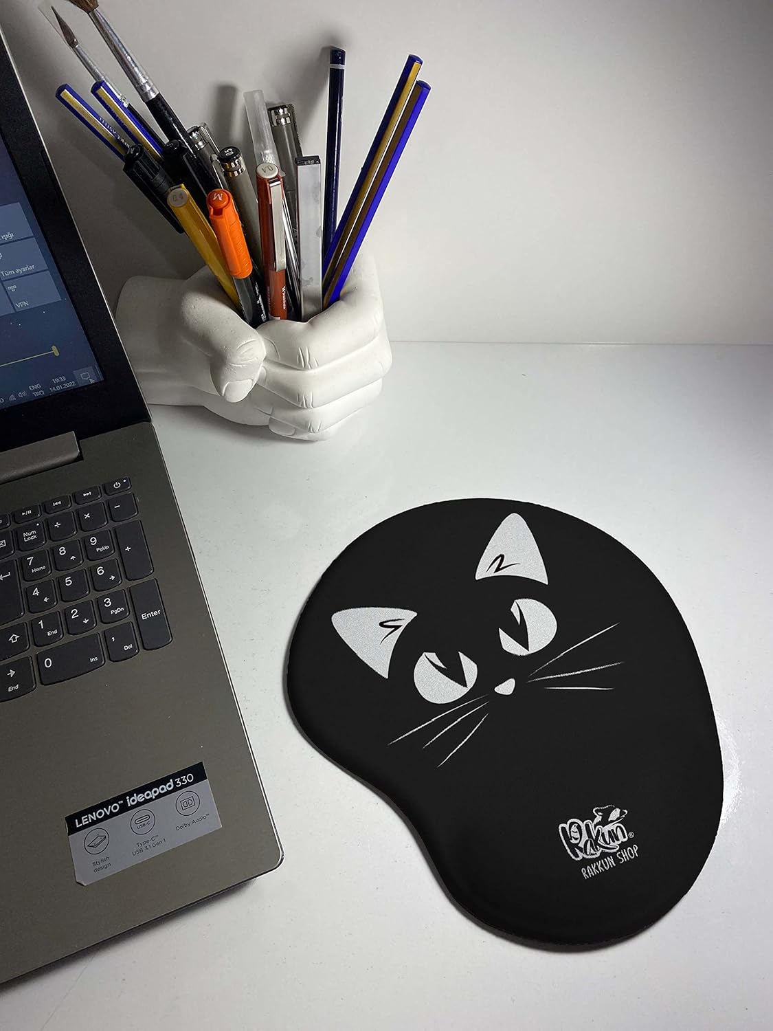 Rakkun Shop - Siyah Beyaz Kedi Baskılı Bilek Destekli Mouse Pad