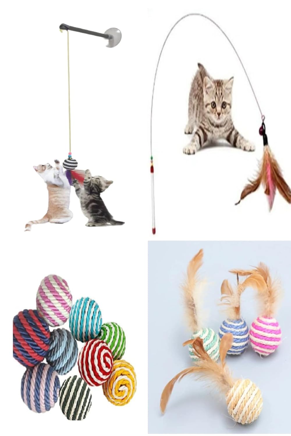 TİNEKE 4'lü Set: İp Sarma Top, Vantuzlu Kedi Oltası, Tüylü Top ve 90 Cm Olta