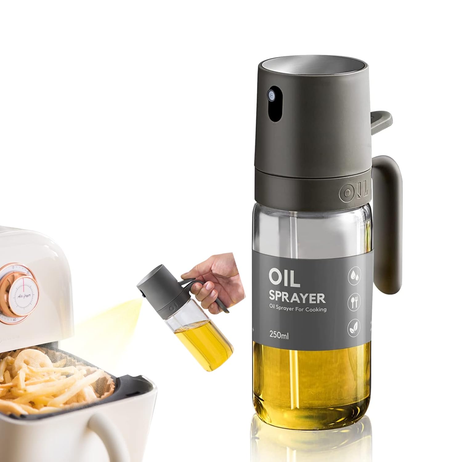 Fiewmay Yemek pişirmek için 8.5oz Yağ Püskürtme Şişesi, Zeytinyağı Püskürtücü Bay, 250ml Cam Zeytinyağı Sprey Şişesi, Hava Fritözü için Yağ Püskürtücü, Kanola Yağı Püskürtücü, Salata Yapımı, Pişirme,