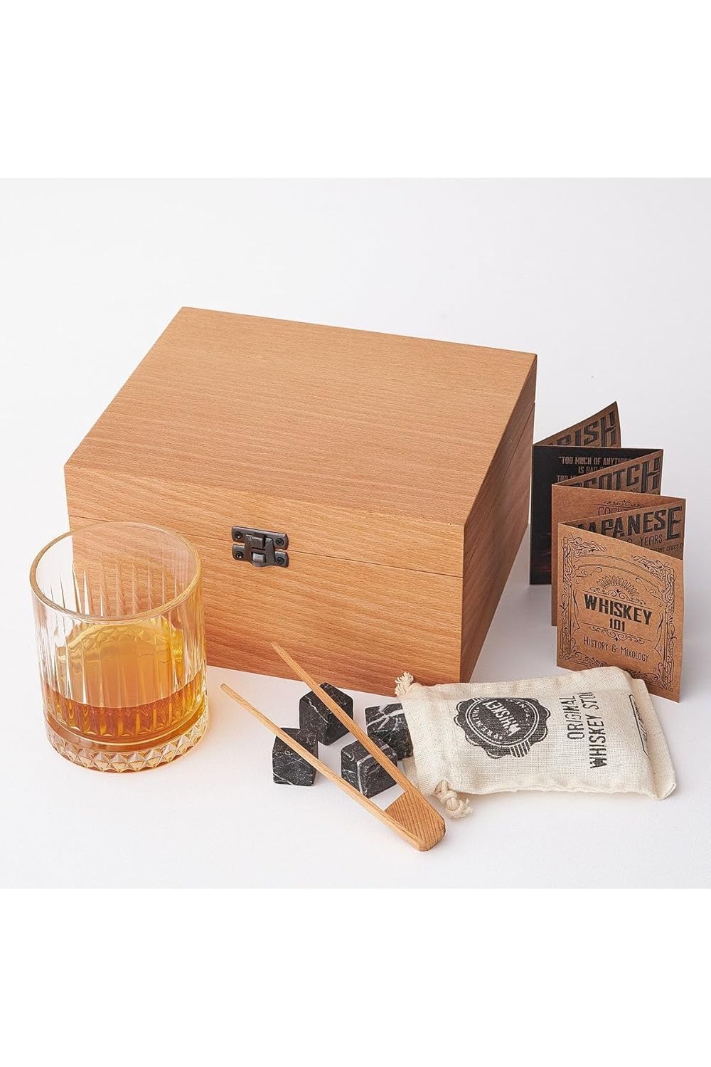 Hediyesepeti Kayın Ahşap Kutulu Viski Kadeh Viski Bardağı 4 Soğutucu Taş Seti Bambu Maşa