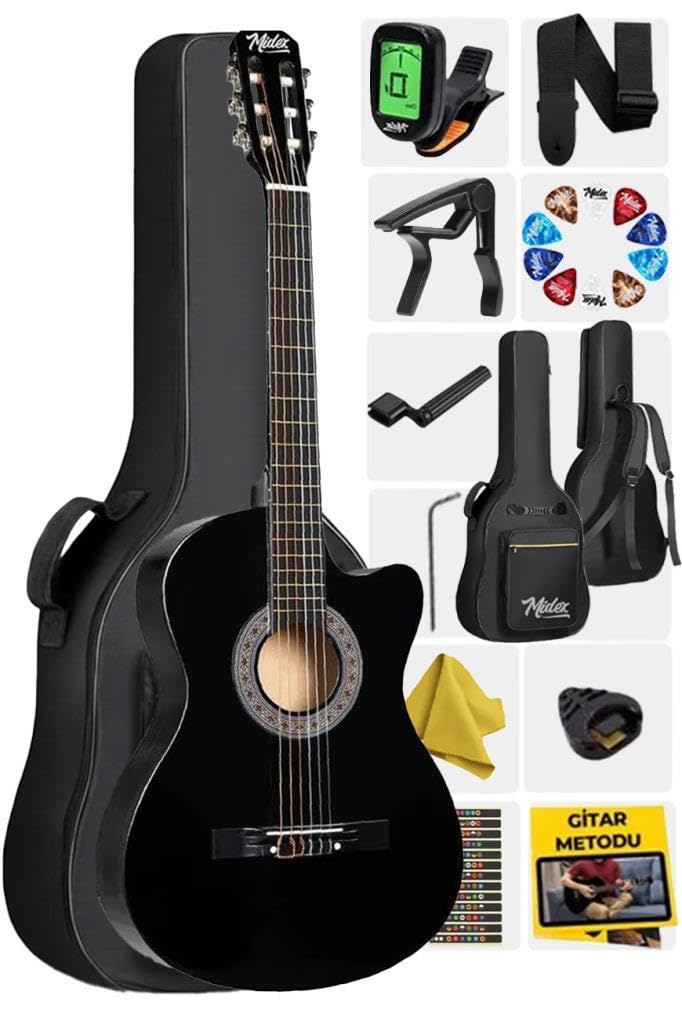 Midex CG-390BK-XBAG Siyah Klasik Gitar 4/4 Sap Ayarlı Kesik Kasa Full Set