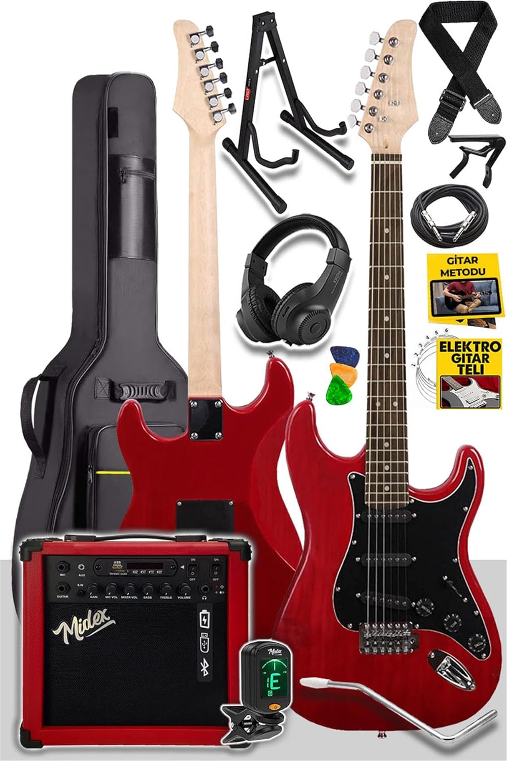 Midex RPH30RD-25AMP RED Elektro Gitar Seti 25 WATT GAİN'Lİ Şarjlı Amfi ve Full SET