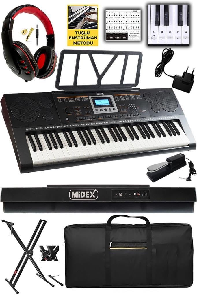 Midex PS-3500KSP Tuş Hassasiyetli 61 Tuşlu Org Sustain Pedallı (Stand Pedal Çanta Kulaklık Notalık Adaptör)