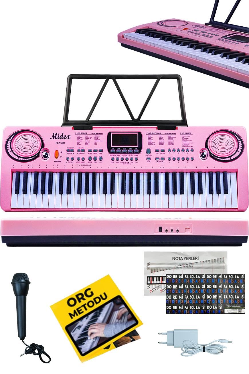 Midex PS-1500PK Başlangıç İçin 61 Tuşlu Org Pembe Renk Notalık Adaptör Mikrofon (100 Ses 100 Ritim)