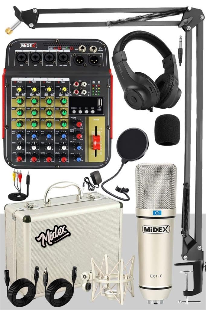 Midex Vokal Paket-2 CX1 Stüdyo Mikrofon 6 Kanal Stüdyo Kayıt Mikseri Kulaklık Ekipman Seti
