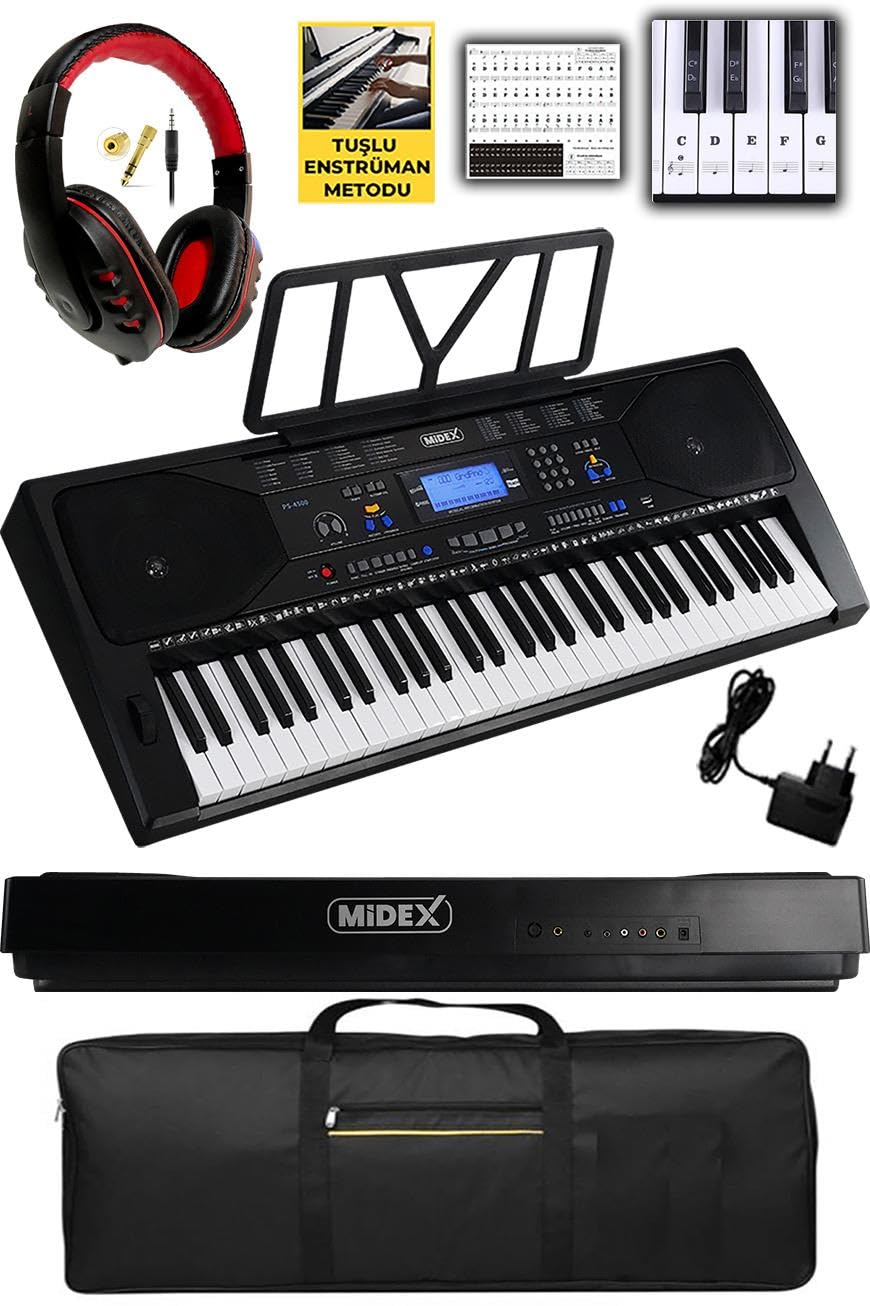 Midex PS-4500K Tuş Hassasiyetli 61 Tuşlu Org Dijital LCD Ekran USB MP3 Kulaklık Çanta Notalık Adaptör Dahil