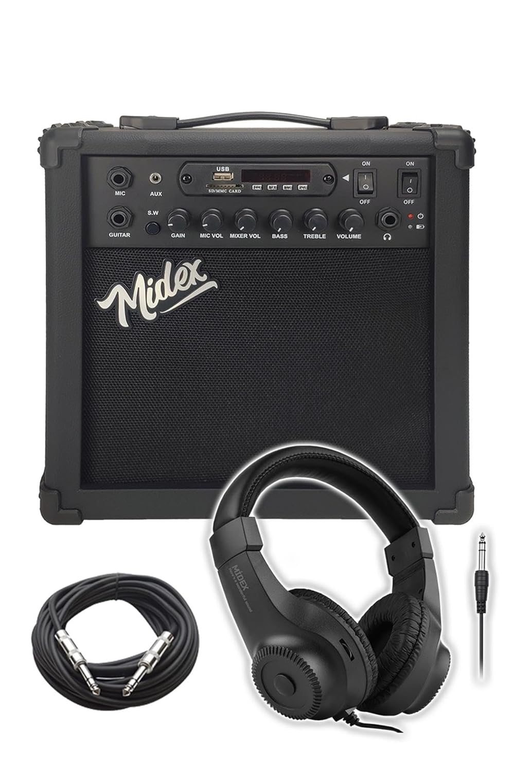 Midex MGA-25BKBT-HD ŞARJLI Elektro Gitar Amfisi 25 Watt USB Bluetooth Distortion Kulaklık ve Kablo