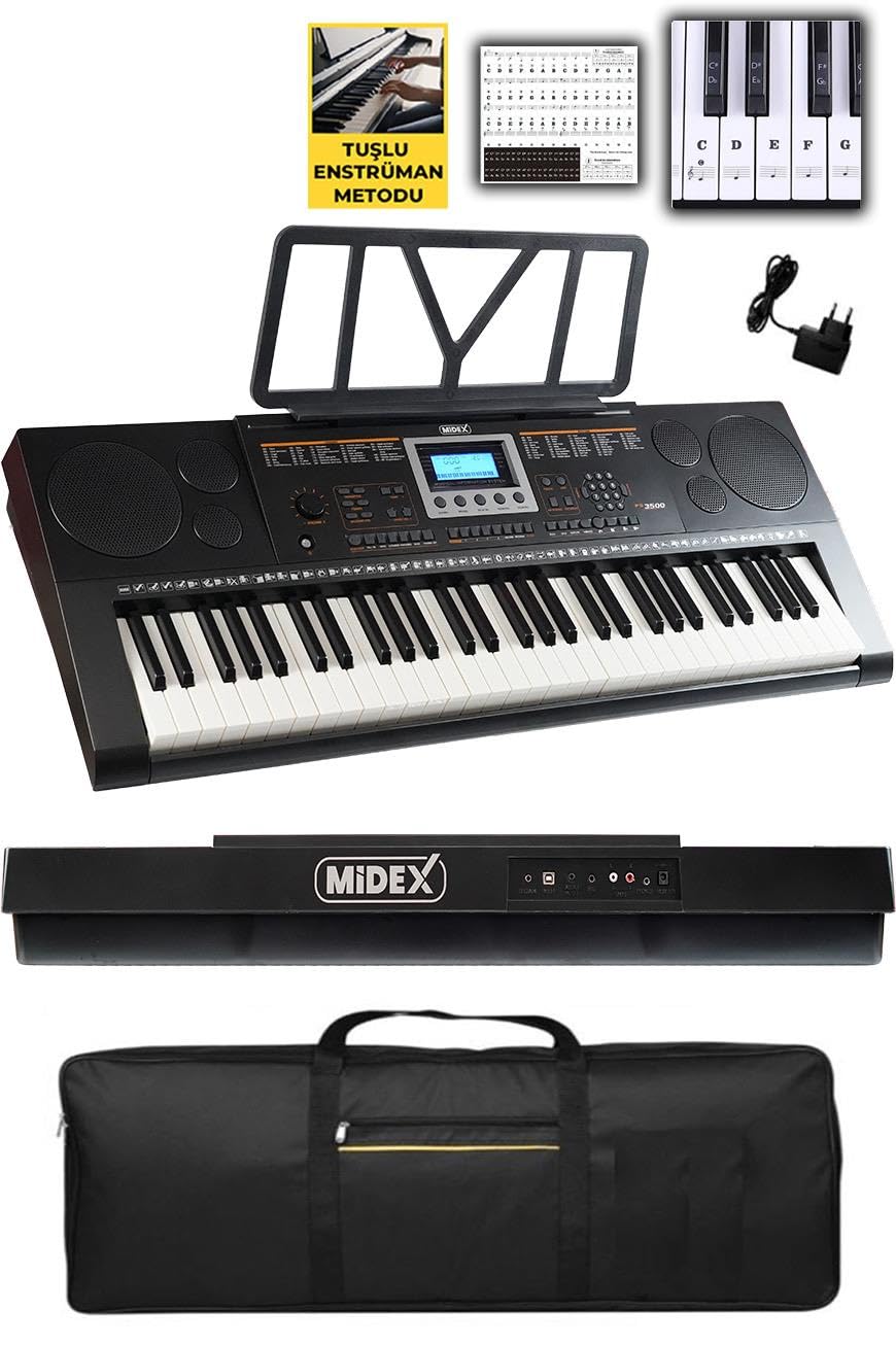 Midex PS-3500 Tuş Hassasiyetli Org 61 Tuşlu Org 5 Oktav Çanta Nota Standı Adaptör (300 Ses 300 Ritim)