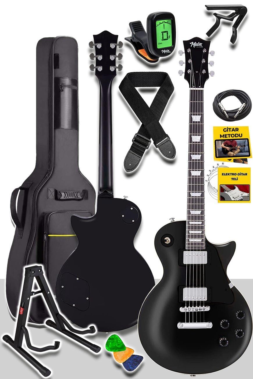 Midex GRX-200BK-BAG Üst Segment Profesyonel Elektro Gitar Set Les Paul Kasa Masif Ağaç (HH)