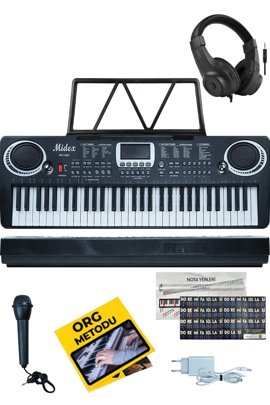 Midex PS-1500BK-H Başlangıç İçin 61 Tuşlu Org Kulaklık Notalık ve Adaptörlü (100 Ses 100 Ritim)