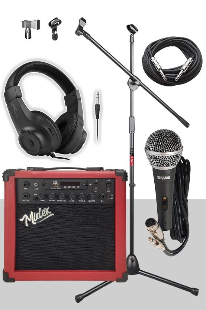 Midex MGA-25RD-PAK Elektro Gitar Amfisi 25 Watt USB Bluetooth ve Şarjlı (Amfi Mikrofon Stand Kulaklık Jack Kablo)