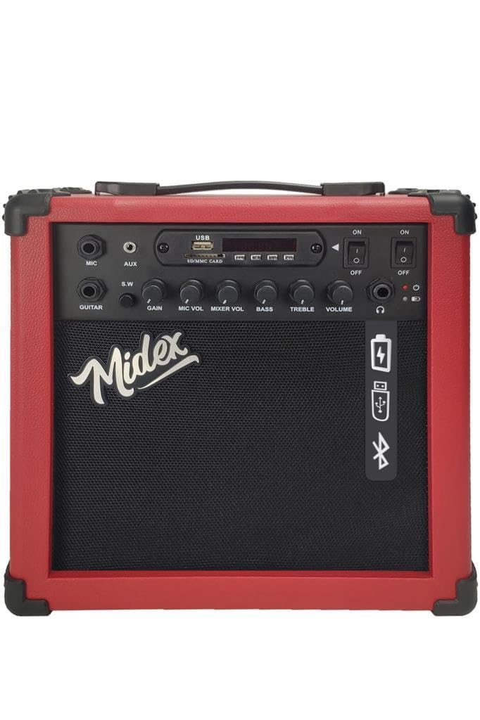 Midex MGA-25RD Elektro Gitar Amfisi 25 Watt USB Bluetooth Şarjlı 2 Girişli