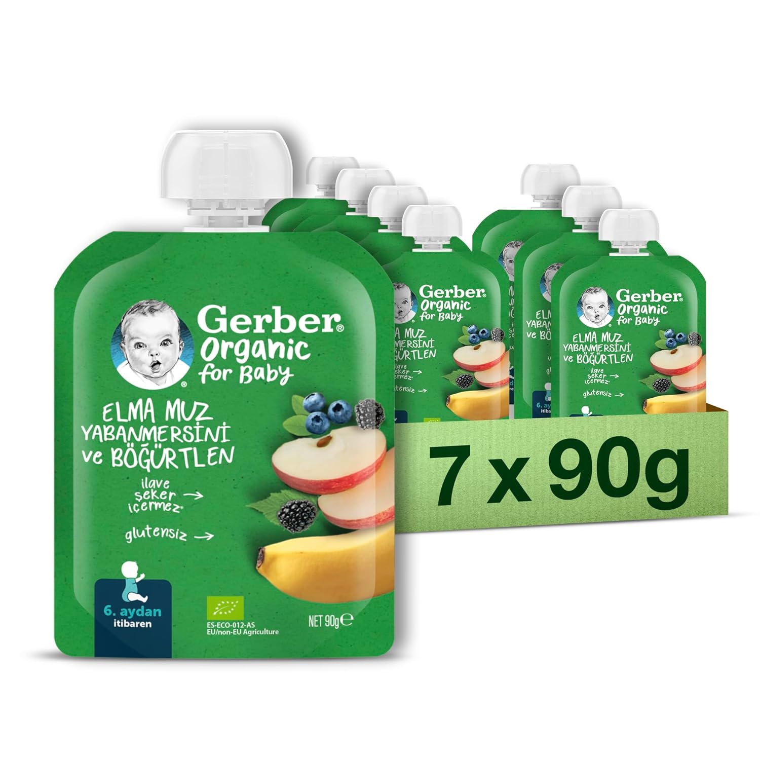 Gerber Organik Muz Yabanmersini Böğürtlen ve Elma Püresi 90 g x 7