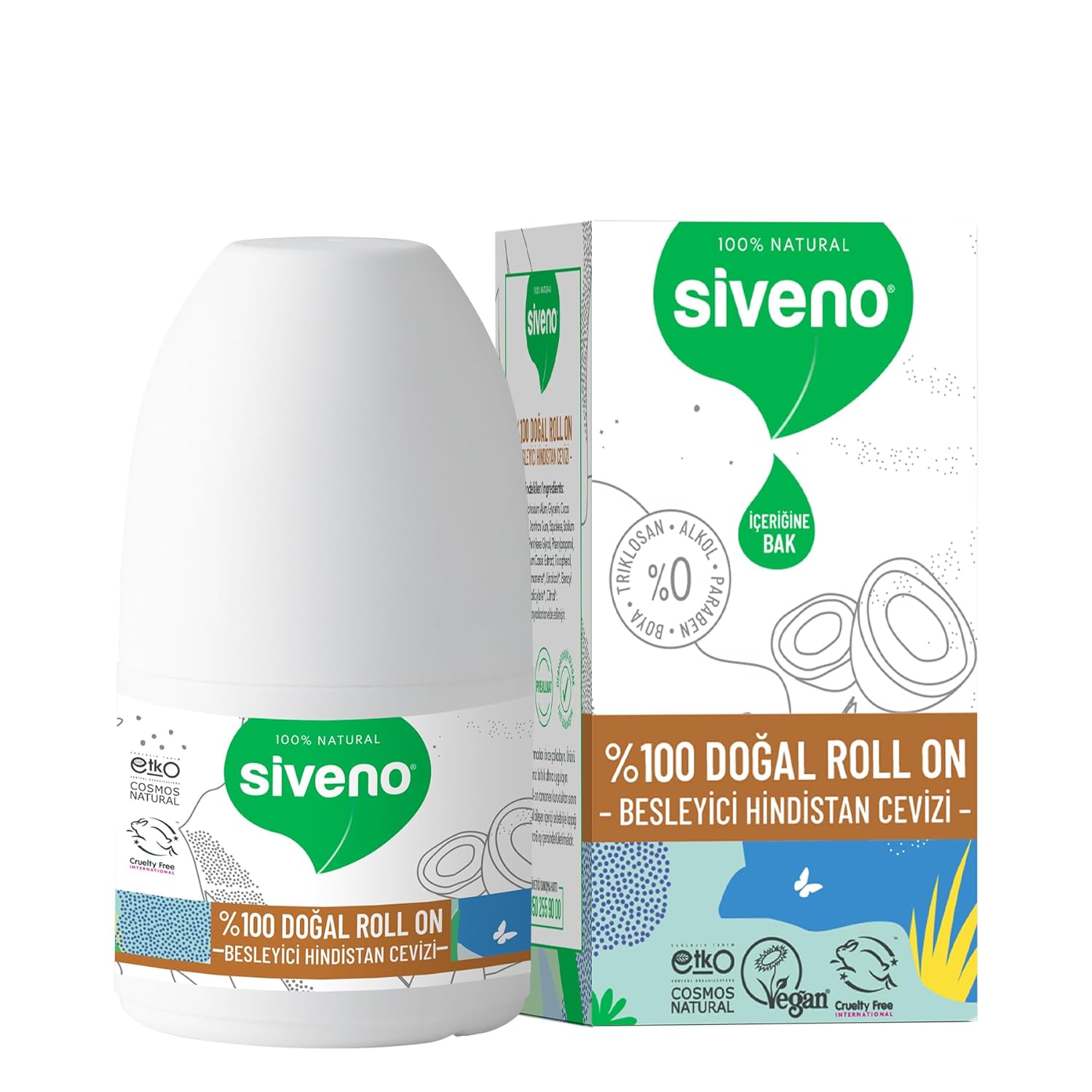 Siveno %100 Doğal Roll On Hindistan Cevizli Deodorant Ter Kokusu Önleyici Bitkisel Lekesiz Vegan 50 ml