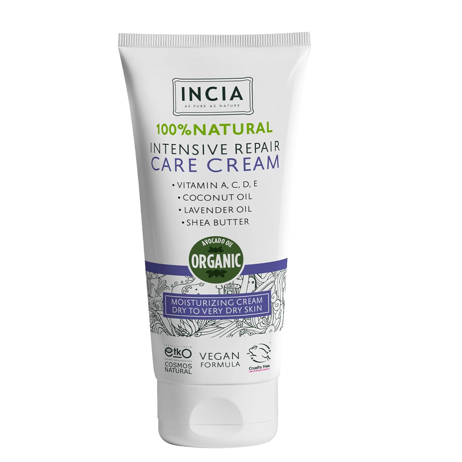 INCIA%100 Doğal Onarıcı Bakım Kremi Yoğun Nemlendirici Cilt Bakım Lavanta Avokado Shea Vegan 50 ml