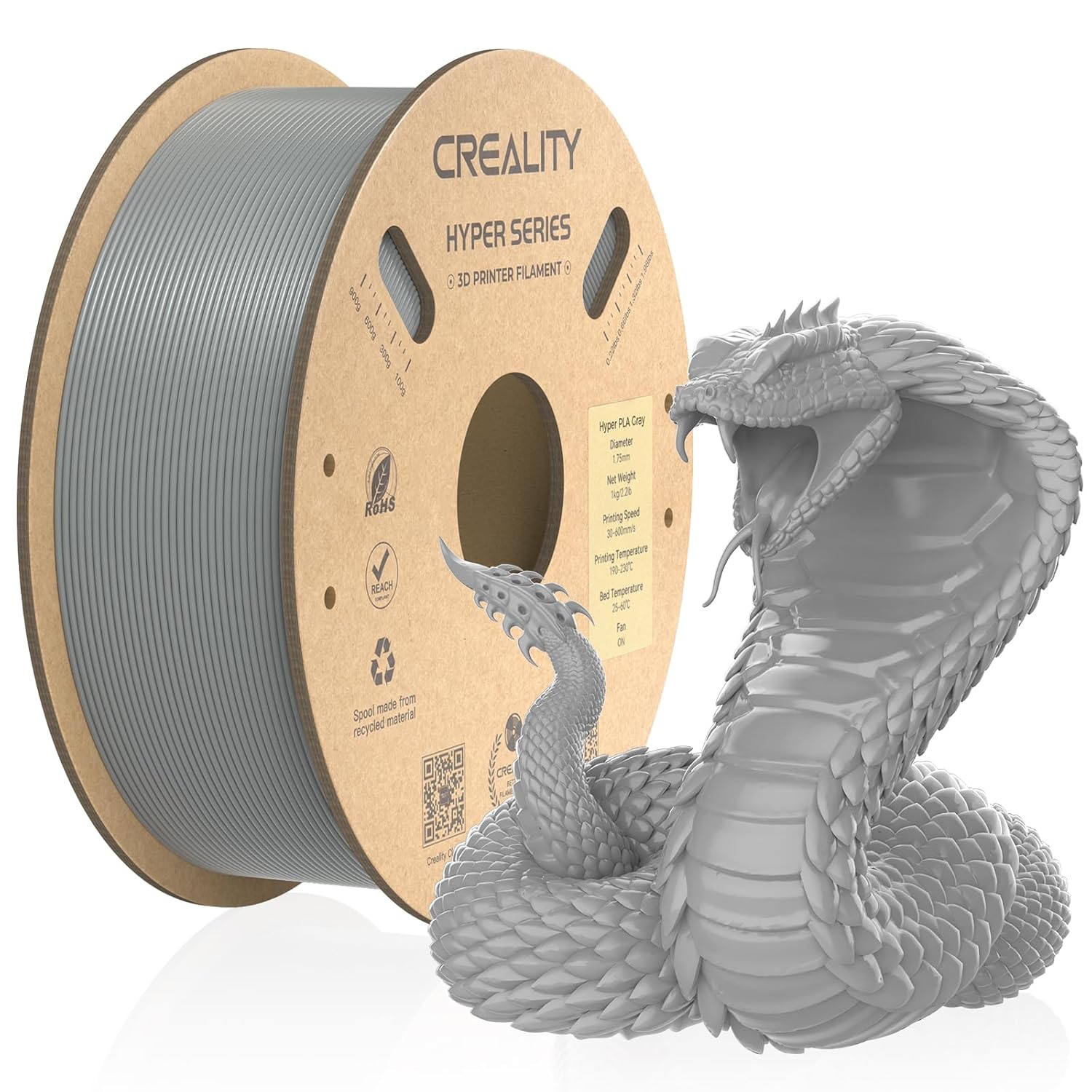 Creality Resmi 3D yazıcı filamenti, Hyper PLA yüksek hızlı filament, 1,75 mm 3D baskı filamenti, yüksek hızlı baskı için, ölçü hassasiyeti +/-0,02 mm, 1 kg/makara - gri