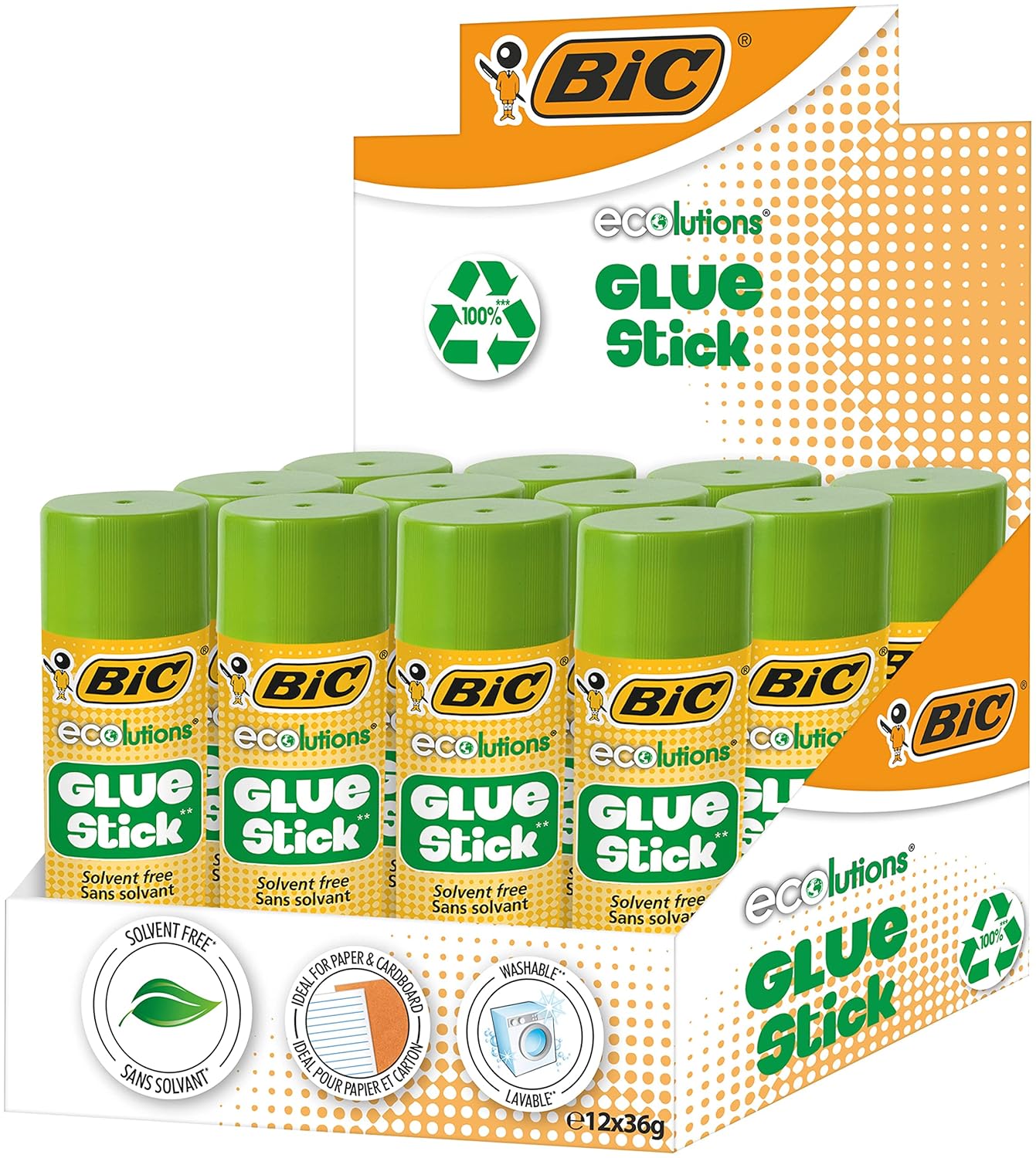 BIC Ecolutions Glue Stick Yapıştırıcı, 36 Gr. 12 Adet, Solvent İçermez, Yıkanabilir ve Kolay Uygulanabilir
