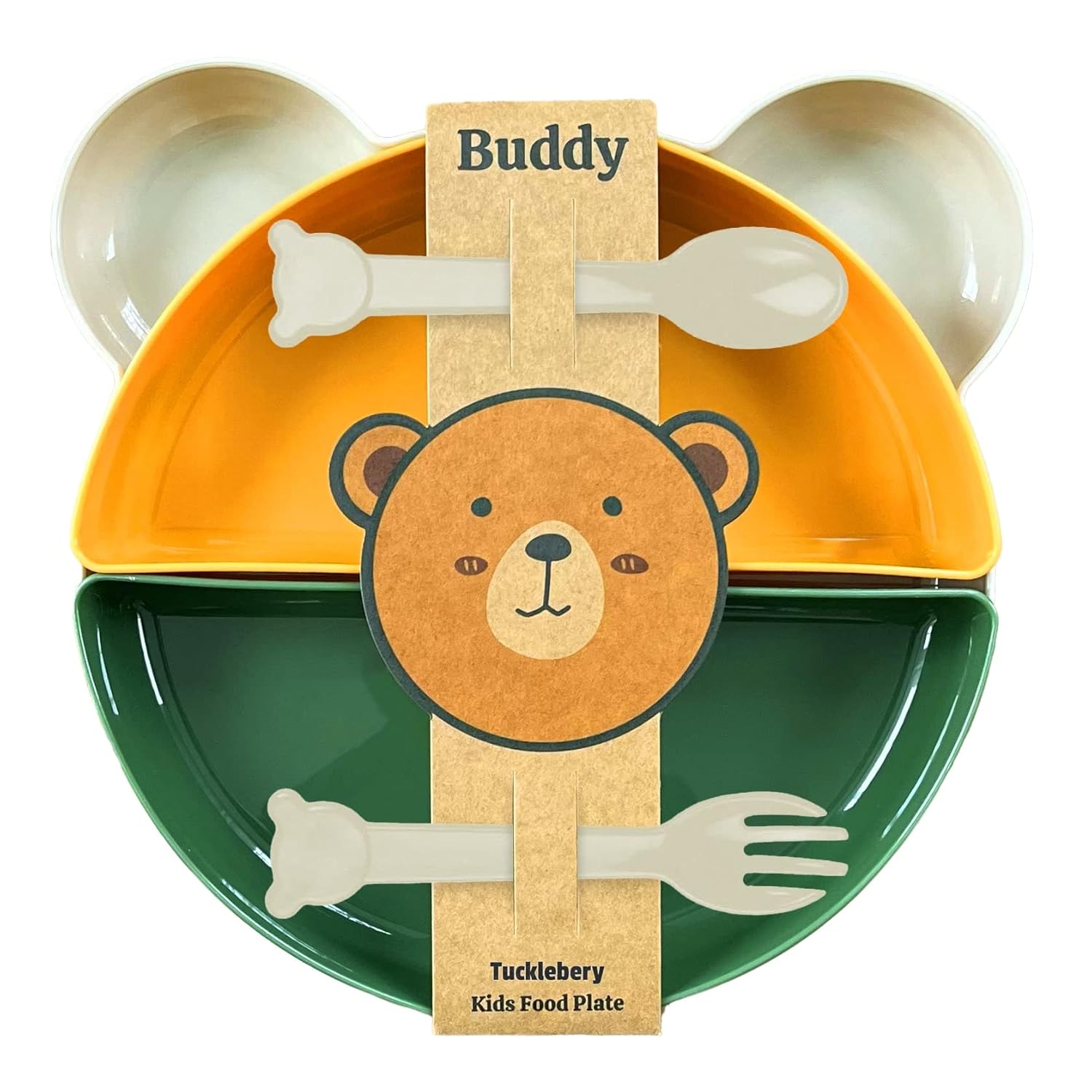 Tucklebery Buddy Mama Tabağı Seti, 1 Ayıcık Tabak 4 Kase Çatal-Kaşık, Bebek ve Çocuklar İçin Yemek Takımı, BPA İçermez, Bej Sarı Yeşil