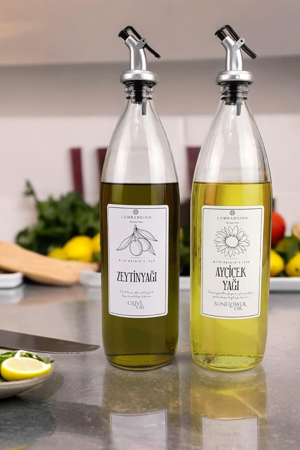 Lombardino Vetro 2'li Zeytinyağı ve Sıvıyağ Şişesi Yağdanlık 1000 Ml SH-003