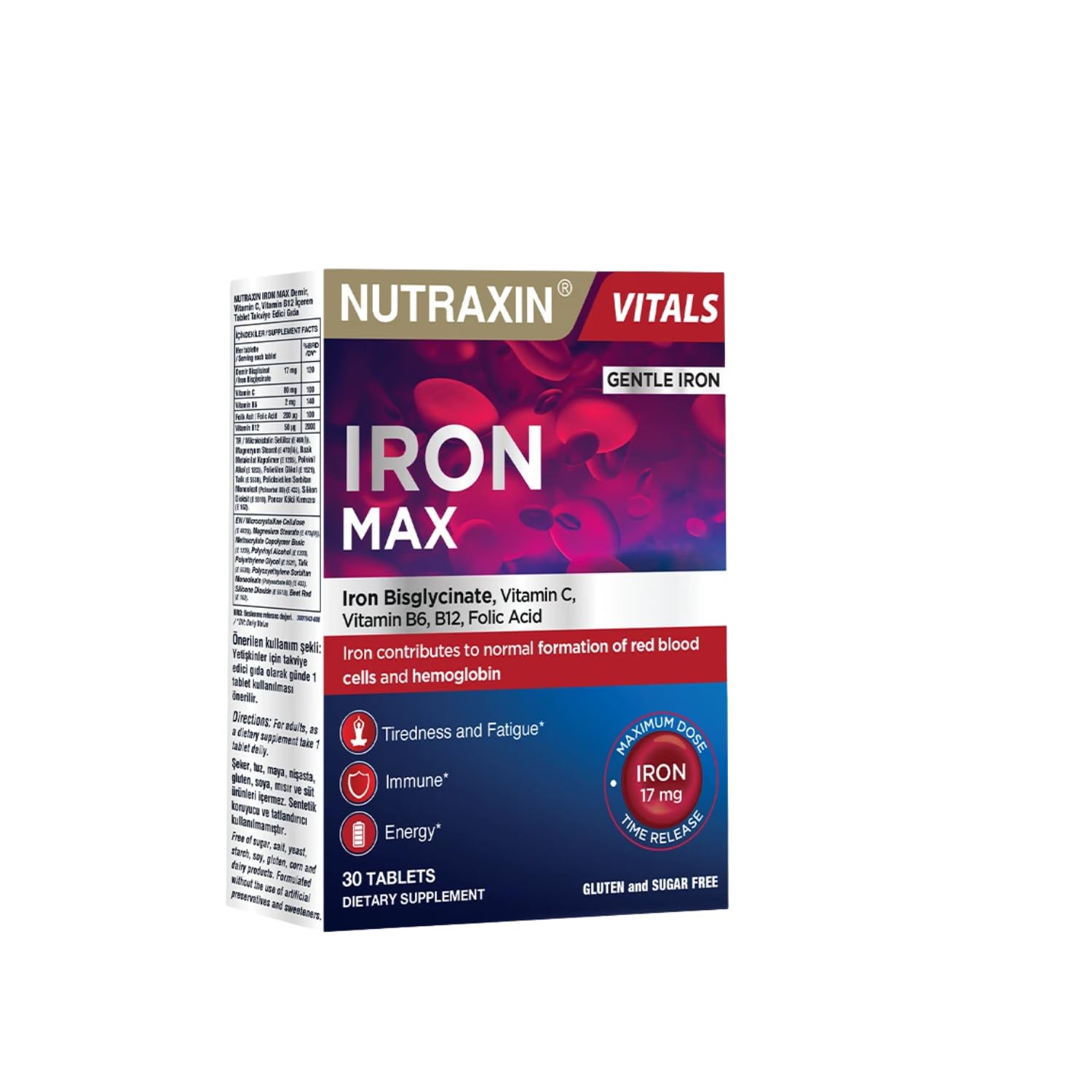 Nutraxin Iron Max 17 Mg 30 Tablet - Demir, C Vitamini, B6 Vitamini, Folik Asit, B12