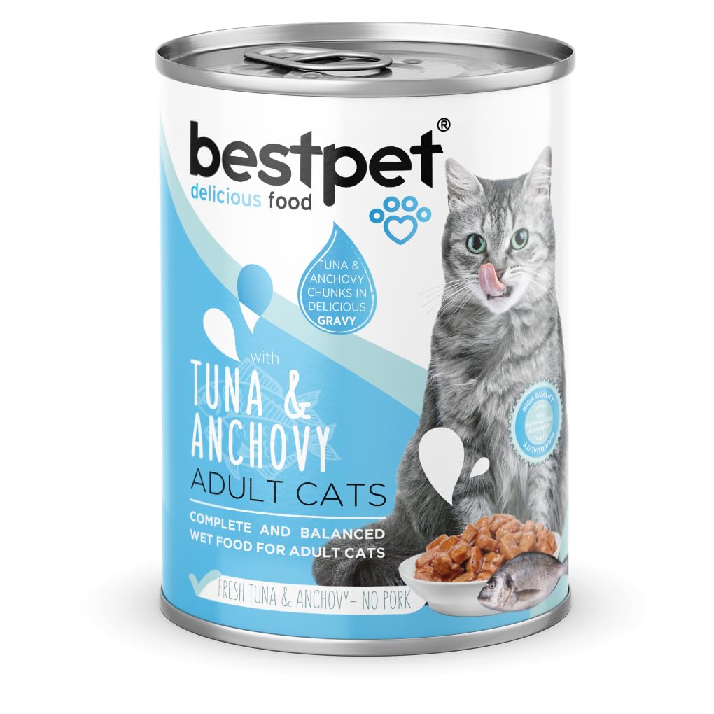 Bestpet Yetişkin Kediler İçin, Taze Ton Balıklı, Taze Hamsi Parça Etli Ve Soslu Yaş Mama, 400 g x 12 Adet