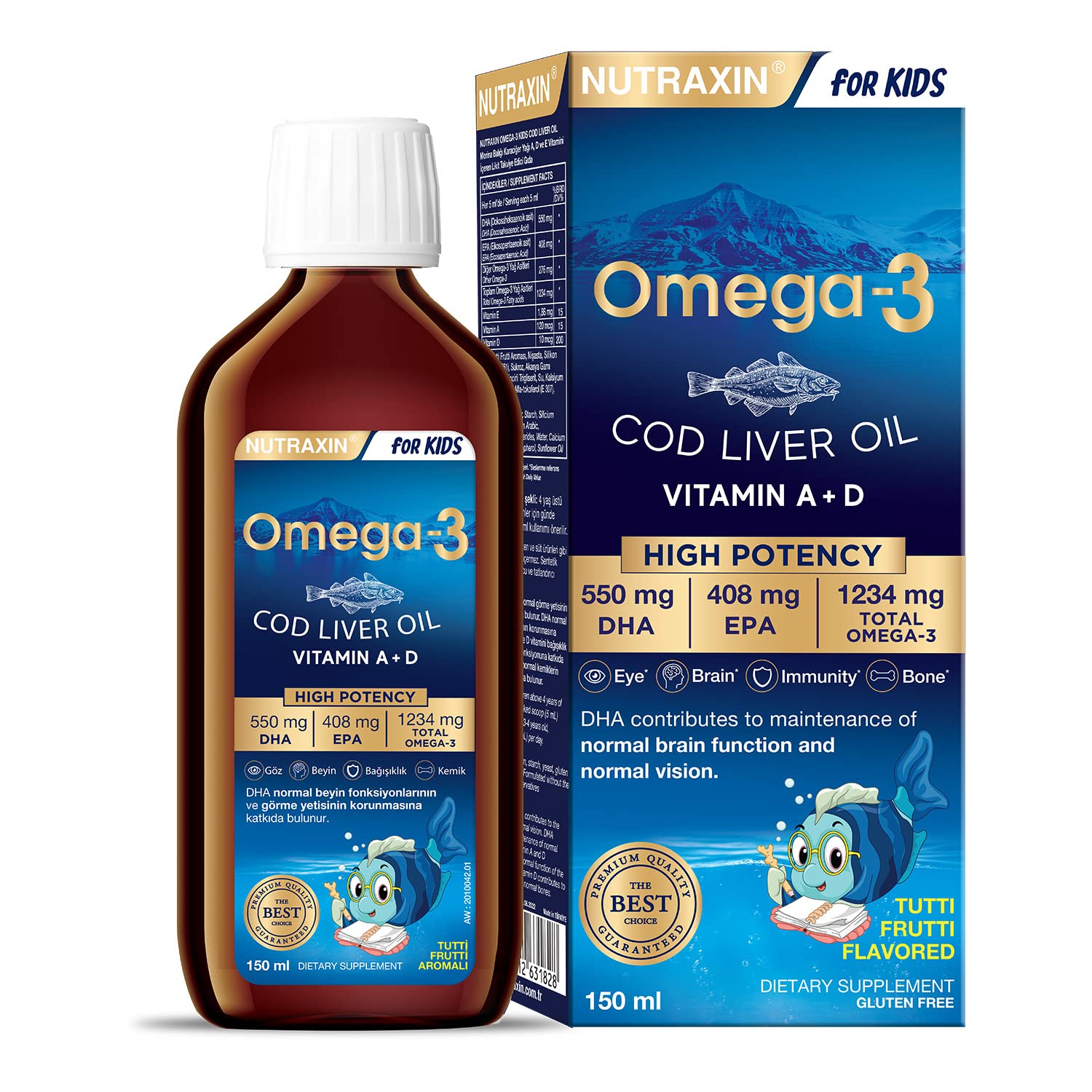 Nutraxin Omega-3 for Kids 150 ml – Çocuklar İçin Balık Yağı Şurubu, DHA ve EPA, Portakal Aromalı
