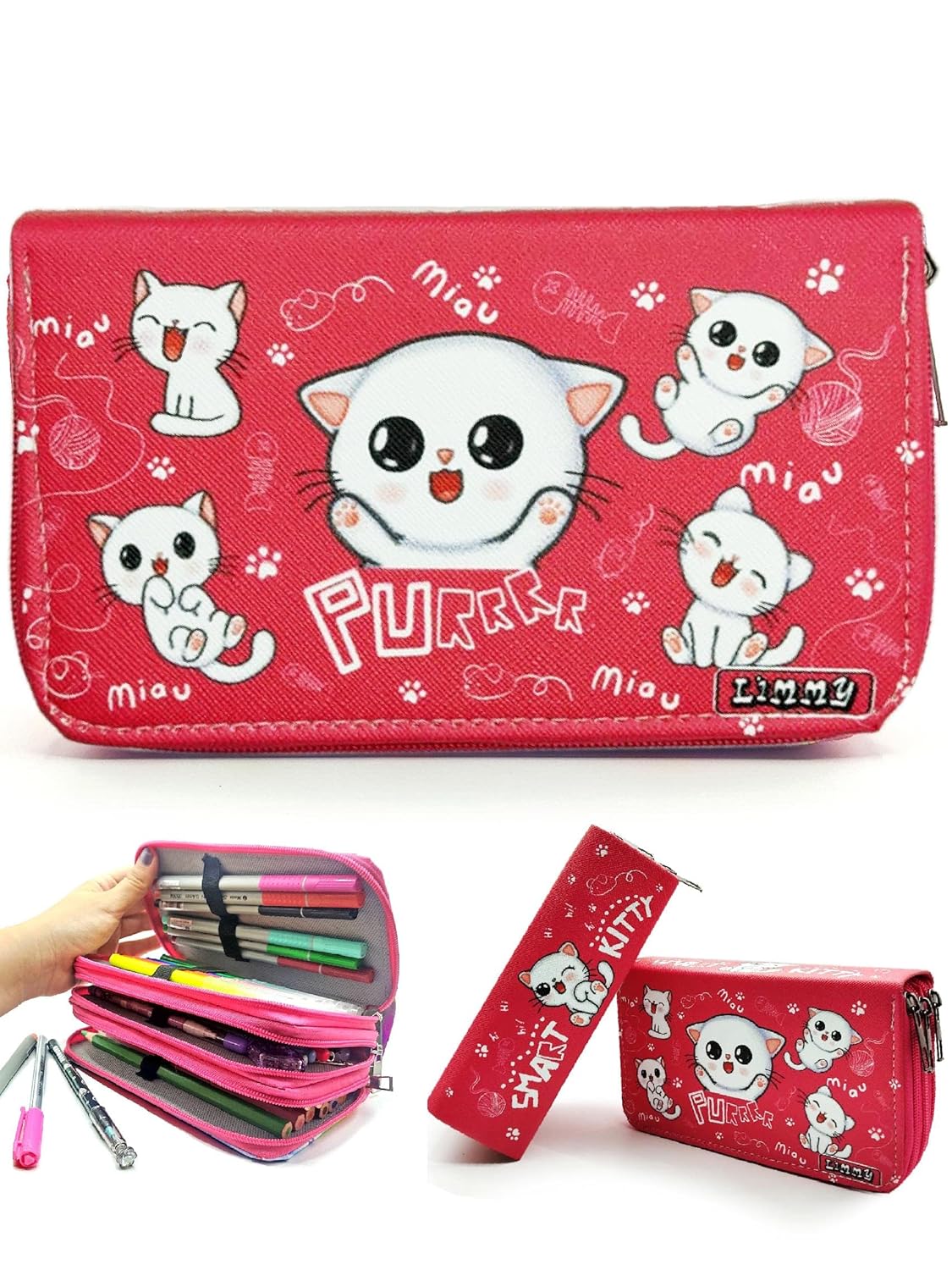 Limmy Kalem Kutusu Beyaz Kedi Kawai Organizer Kalemkutu Vegan Deri Üç Bölmeli Kalemlik