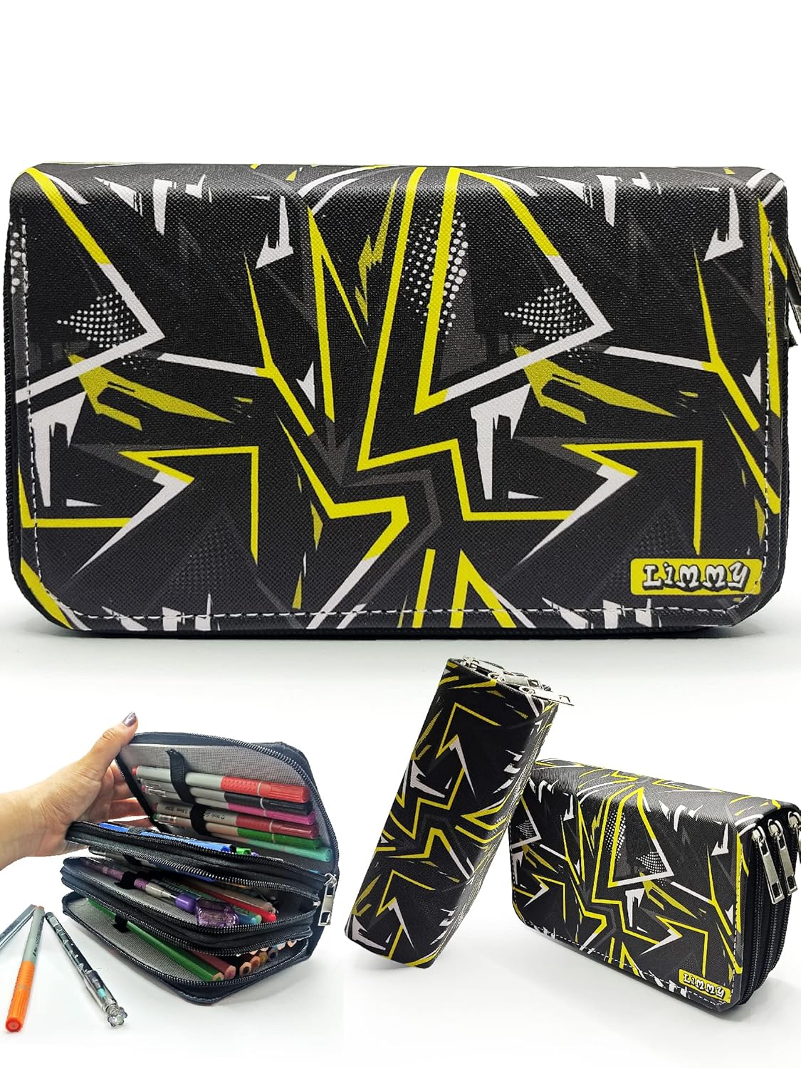 Limmy Kalem Kutusu Siyah Kamuflaj Geometrik Desen Organizer Kalemkutu Vegan Deri Üç Bölmeli Kalemlik