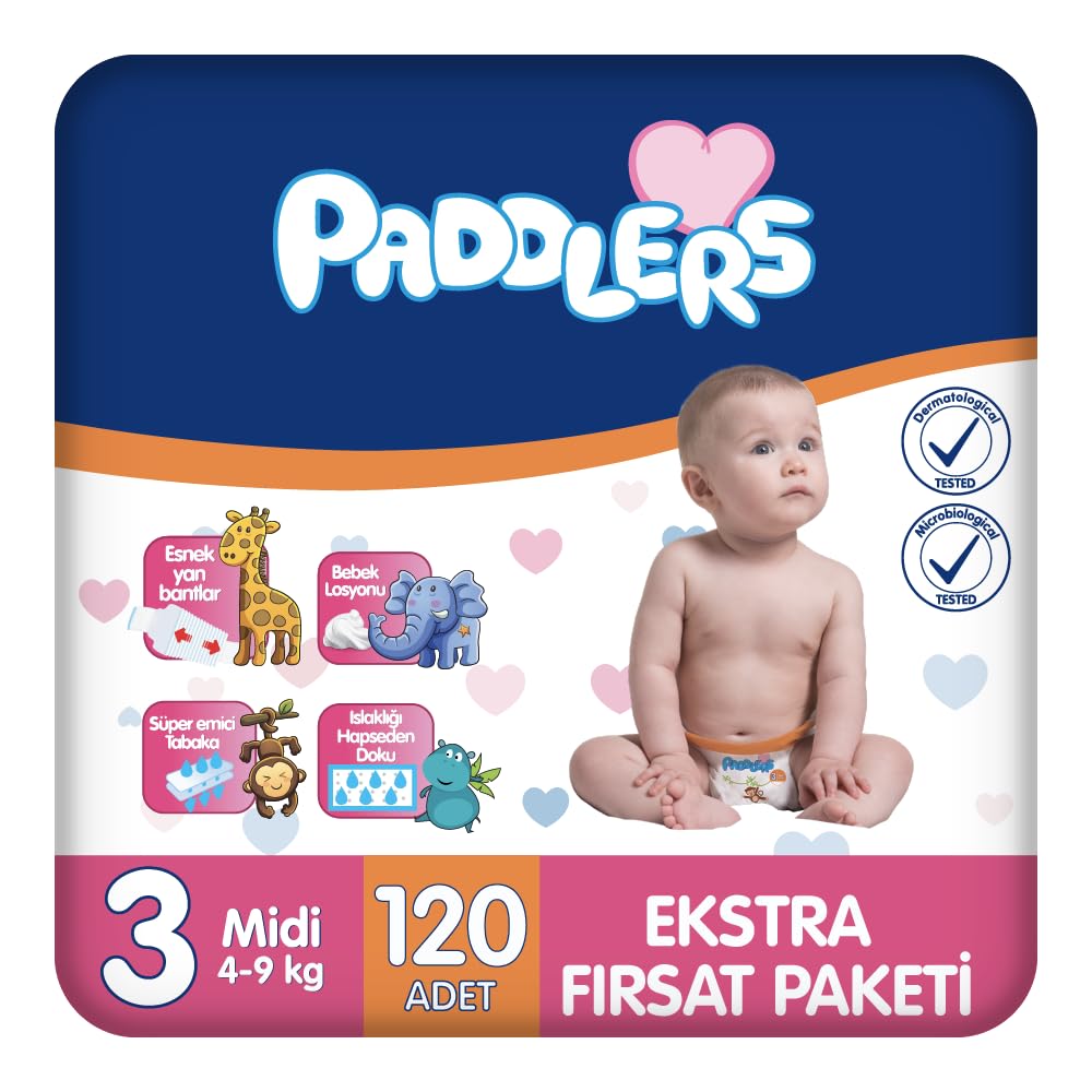 Paddlers Bebek Bezi 3 Numara Midi 120 Adet (4-9 Kg) Ekstra Fırsat Paketi