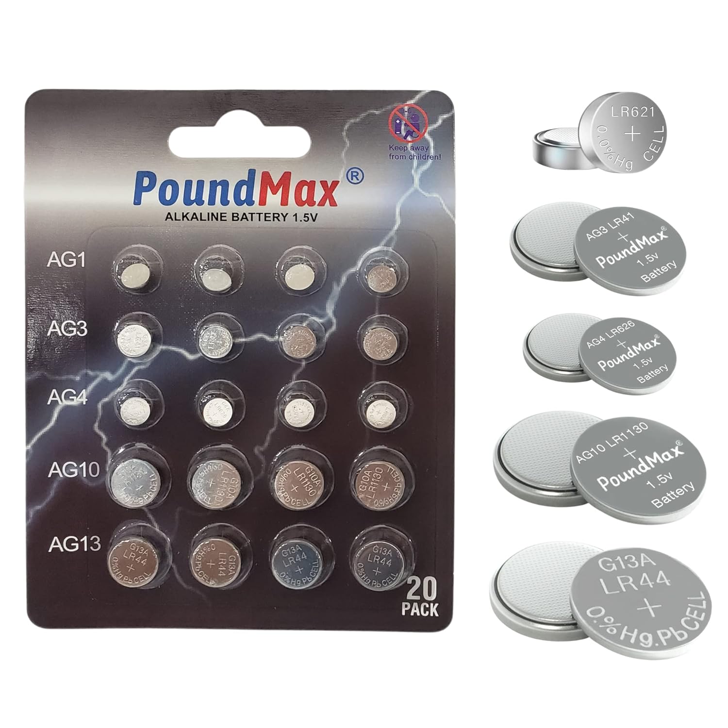 PoundMax 20 adet AG1,AG3,AG4,AG10,AG13 alkalin karışık pil