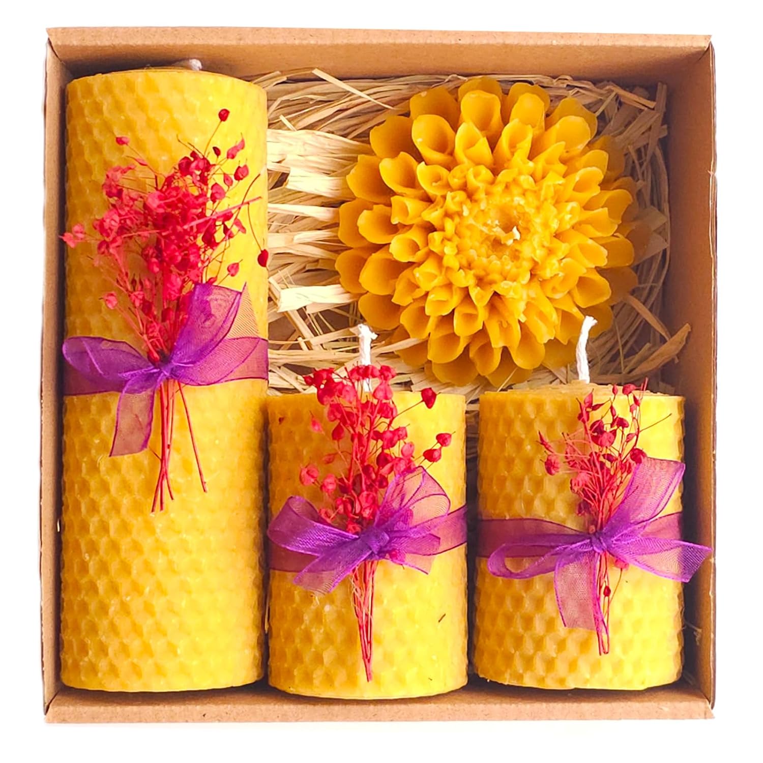 Petekoğlu Dekoratif Doğal Petek Balmumu Mum Büyük Çiçekli Set Bal Mumu Mum Beeswax Candle 4 Lü Set