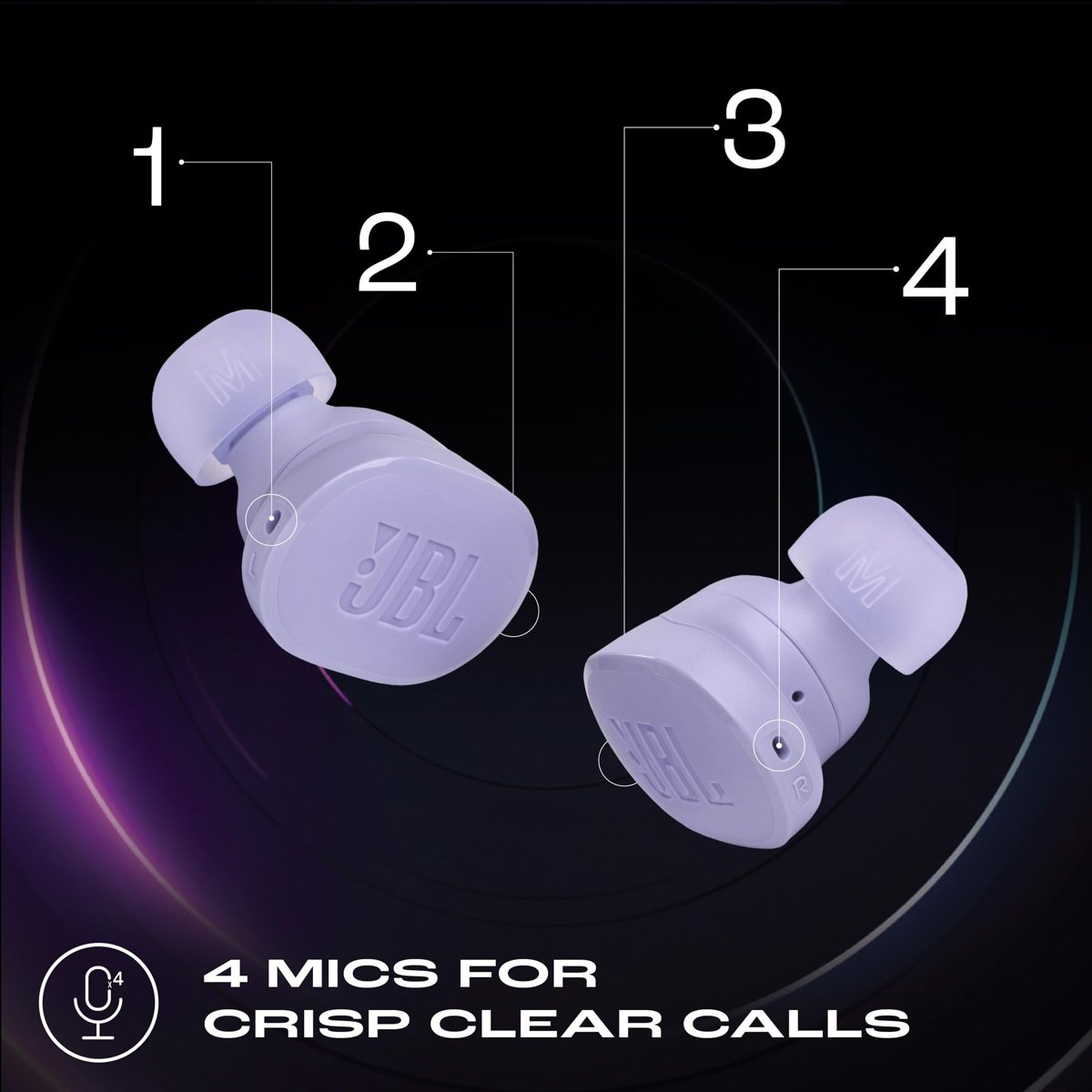 JBL Tune Buds, gürültü azaltma kablosuz kulaklık, Bluetooth 5.3, 48 saate kadar pil ömrü, hızlı şarj, JBL Pure Bass ses, mor