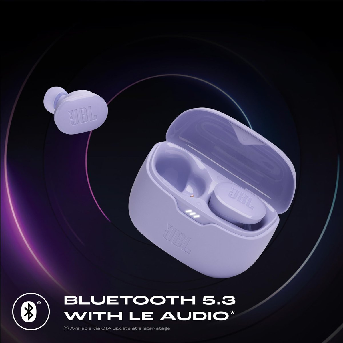 JBL Tune Buds, gürültü azaltma kablosuz kulaklık, Bluetooth 5.3, 48 saate kadar pil ömrü, hızlı şarj, JBL Pure Bass ses, mor