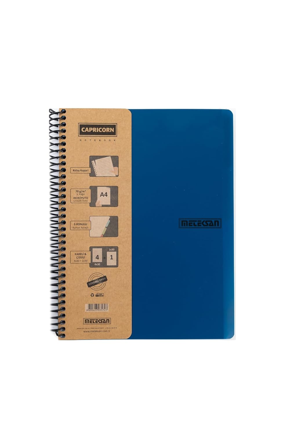 Meteksan Capricorn Ofis Serisi, A4, 6 Konulu (3 Kareli, 3 Çizgili) 180 Yaprak PP Kapaklı Spiralli Defter, Lacivert
