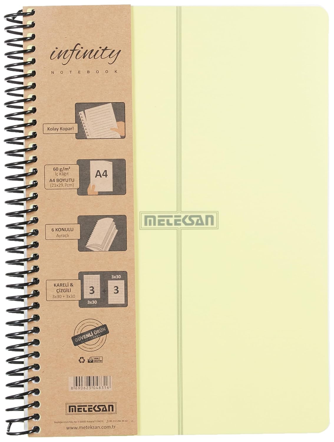 Meteksan Infinity Pastel Serisi, A4, 6 Konulu (3 Kareli, 3 Çizgili) 180 Yaprak PP Kapaklı Spiralli Defter, Sarı