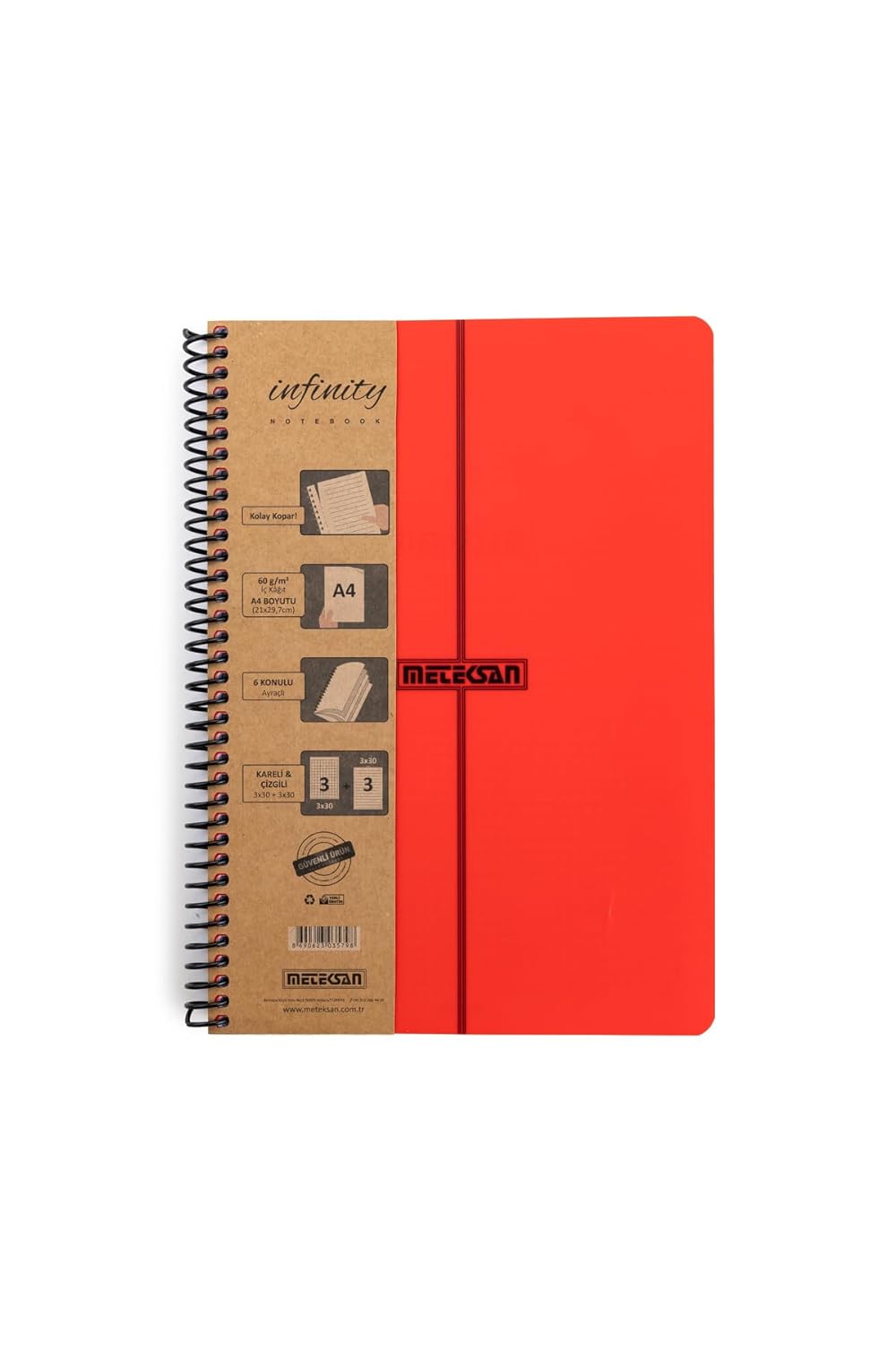 Meteksan Infinity Primary Serisi, A4, 6 Konulu (3 Kareli, 3 Çizgili) 180 Yaprak PP Kapaklı Spiralli Defter, Kırmızı