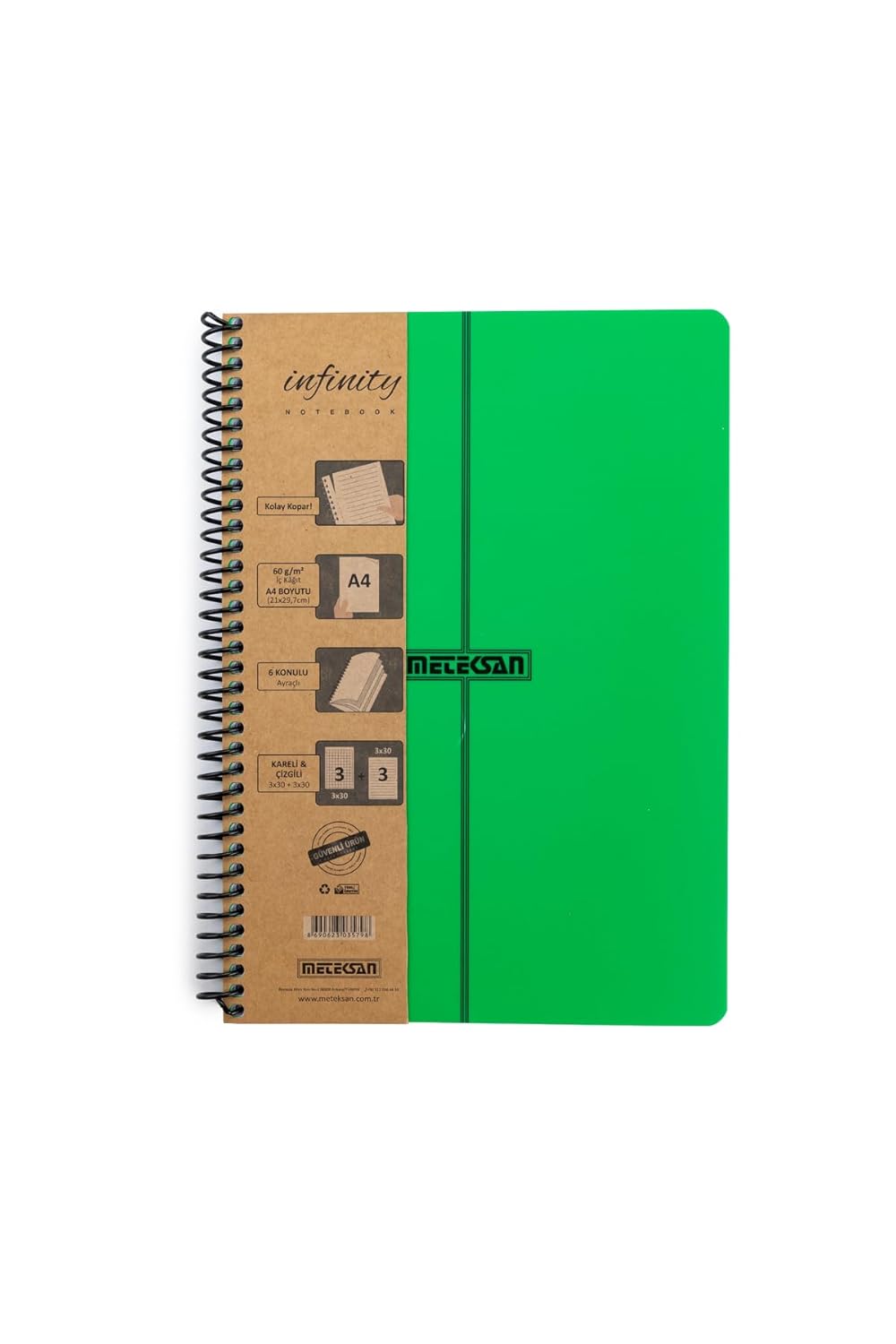 Meteksan Infinity Primary Serisi, A4, 6 Konulu (3 Kareli, 3 Çizgili) 180 Yaprak PP Kapaklı Spiralli Defter, Yeşil