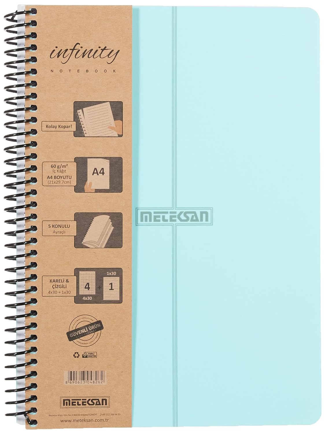 Meteksan Infinity Pastel Serisi, A4, 5 Konulu (4 Kareli, 1 Çizgili) 150 Yaprak PP Kapaklı Spiralli Defter, Mavi