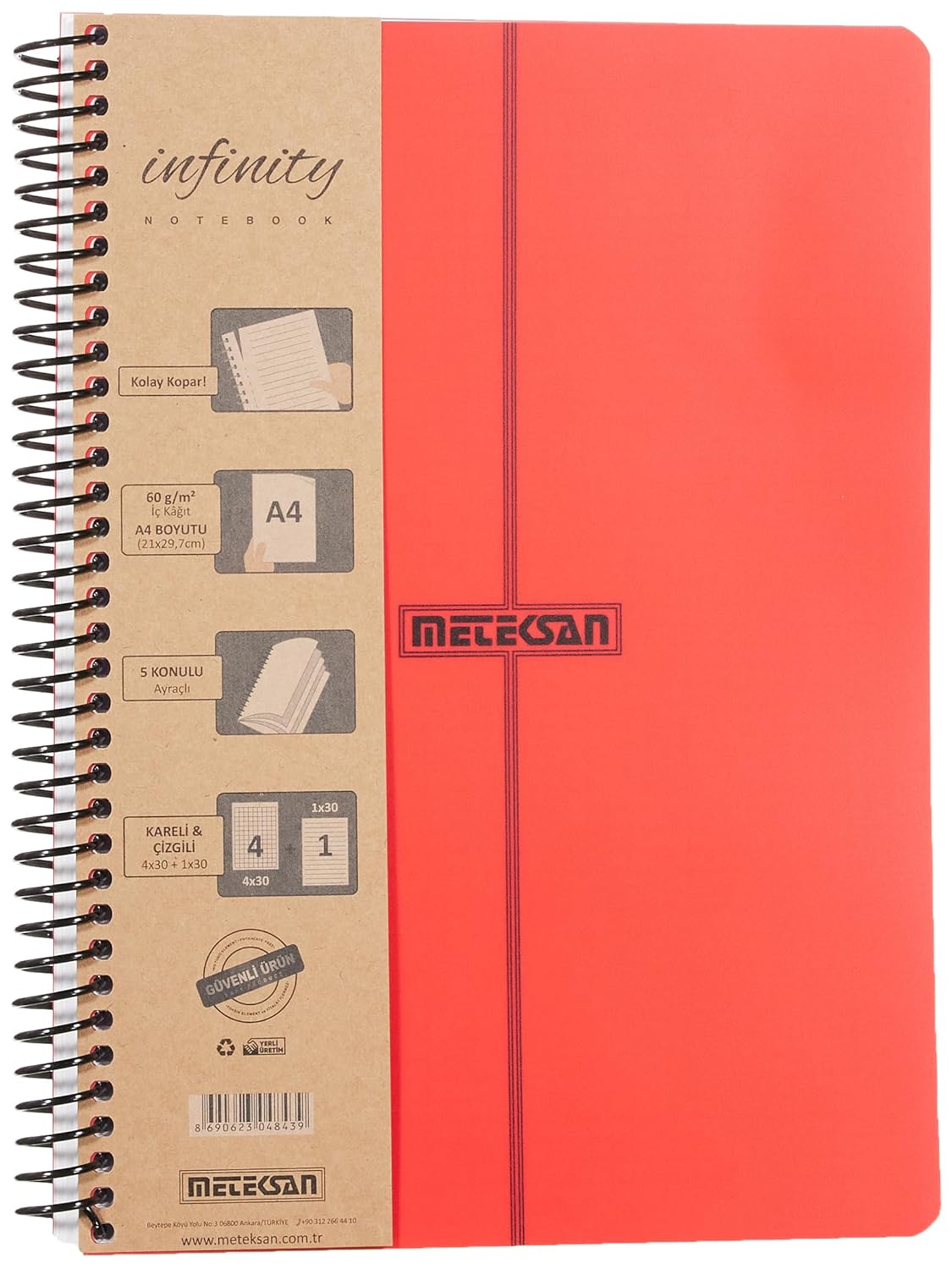Meteksan Infinity Primary Serisi, A4, 5 Konulu (4 Kareli, 1 Çizgili) 150 Yaprak PP Kapaklı Spiralli Defter, Kırmızı