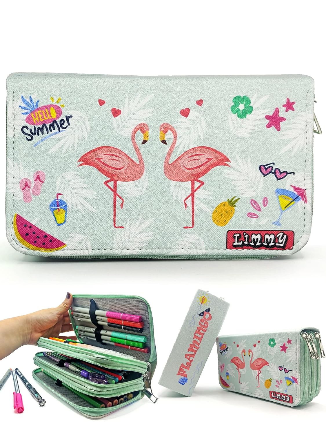 Limmy İkili Flamingo Desenli Modelist Kalem Kutusu Kalemkutu Vegan Deri Üç Bölmeli Kalemlik - Yeşil