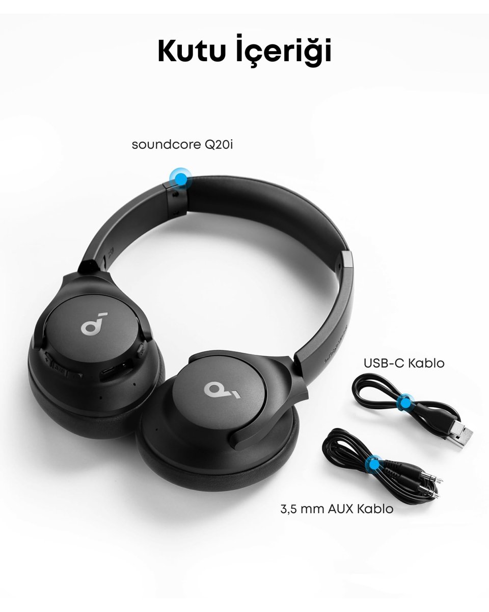 soundcore Anker Q20i kablosuz Bluetooth kulak üstü kulaklık, hibrit aktif gürültü önleme, ANC modunda 40 saat çalma süresi, yüksek çözünürlüklü ses, derin bas, uygulama ile kişiselleştirme (siyah)