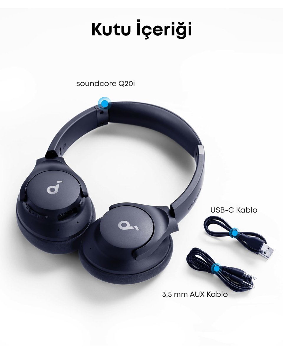 soundcore Anker Q20i kablosuz Bluetooth kulak üstü kulaklık, hibrit aktif gürültü önleme, ANC modunda 40 saat çalma süresi, yüksek çözünürlüklü ses, derin bas, uygulama ile kişiselleştirme (mavi)