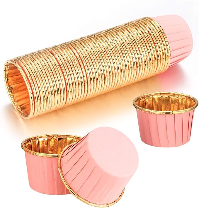 Dolphin 25li Muffin Kalıbı - Cupcake kalıpları, Su Geçirmez ve Yağ Geçirmez Pişirme Kağıtları, Ev veya Parti İçin Alüminyum Folyo Pişirme Kek Kapları -Pembe-Altın