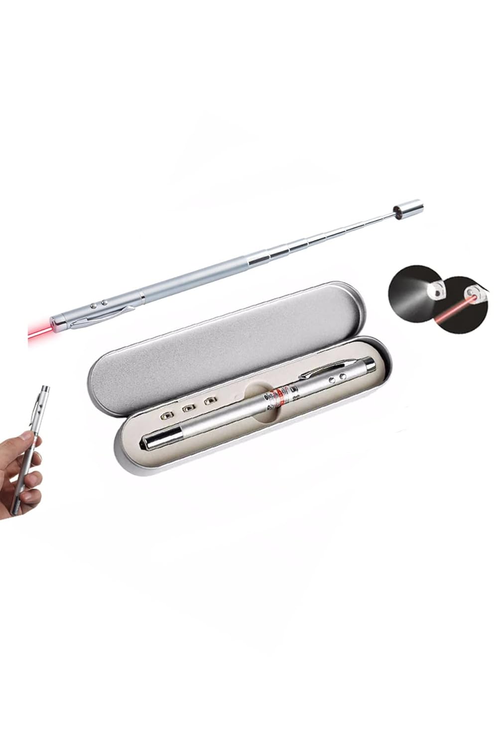 Metal Kutulu Kırmızı Lazerli, Led Işıklı Mıknatıslı Pointer Kalemi İşaretçi Uzayabilen Sunum Çubuğu Teleskopik Metal Tükenmez Kalem (PRS-1521G)