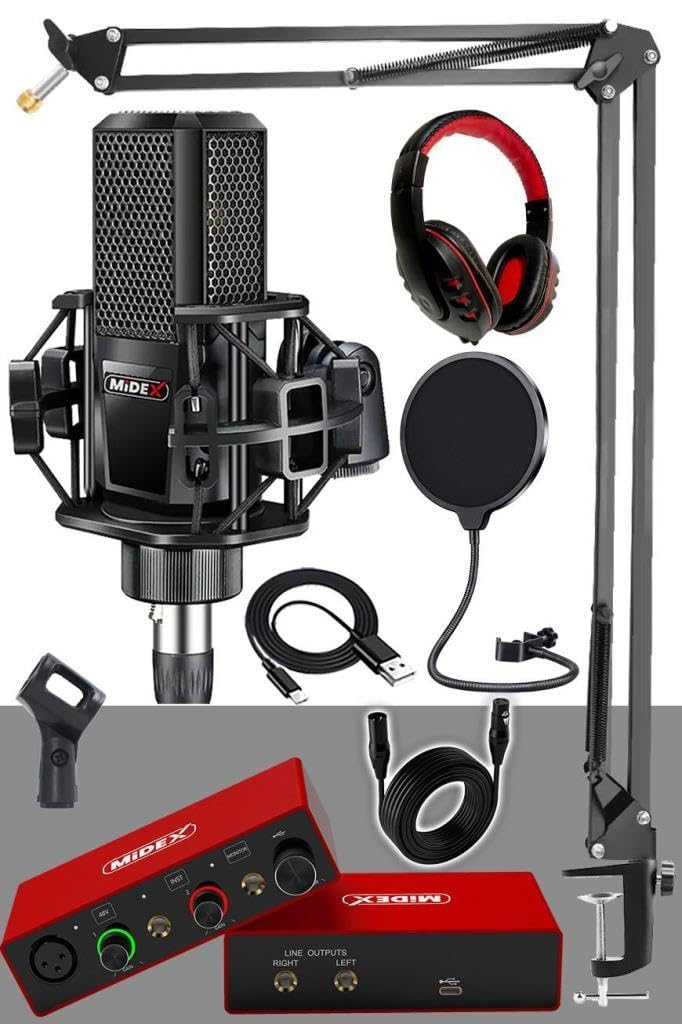 Midex Special Paket-3 Stüdyo Ekipmanları Ses Kartı Condenser Mikrofon Kulaklık Stand Full Set