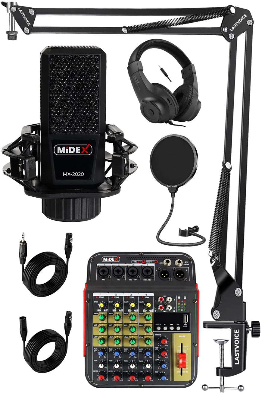 Midex Vokal Paket-1 MX2020 Mikrofon ve MDX-04FXU Stüdyo Mikseri Kulaklık Full Set